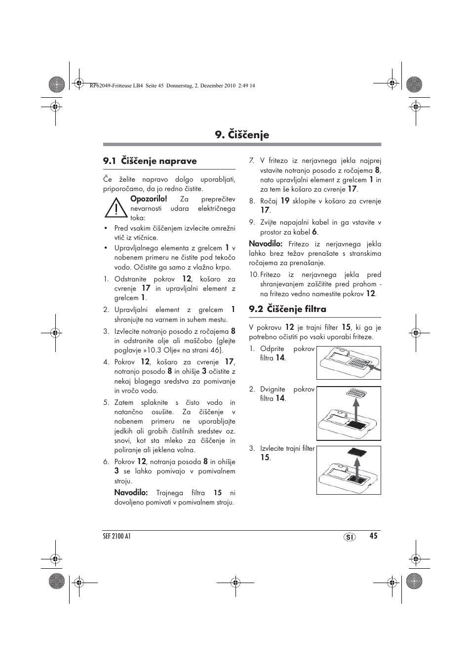 Čiščenje | Silvercrest SEF 2100 A1 User Manual | Page 47 / 86