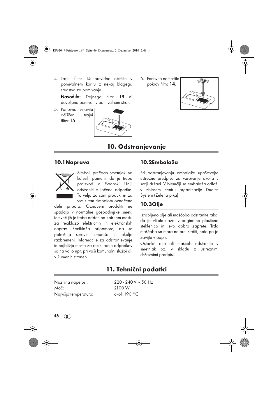 Odstranjevanje, Tehnični podatki | Silvercrest SEF 2100 A1 User Manual | Page 48 / 86