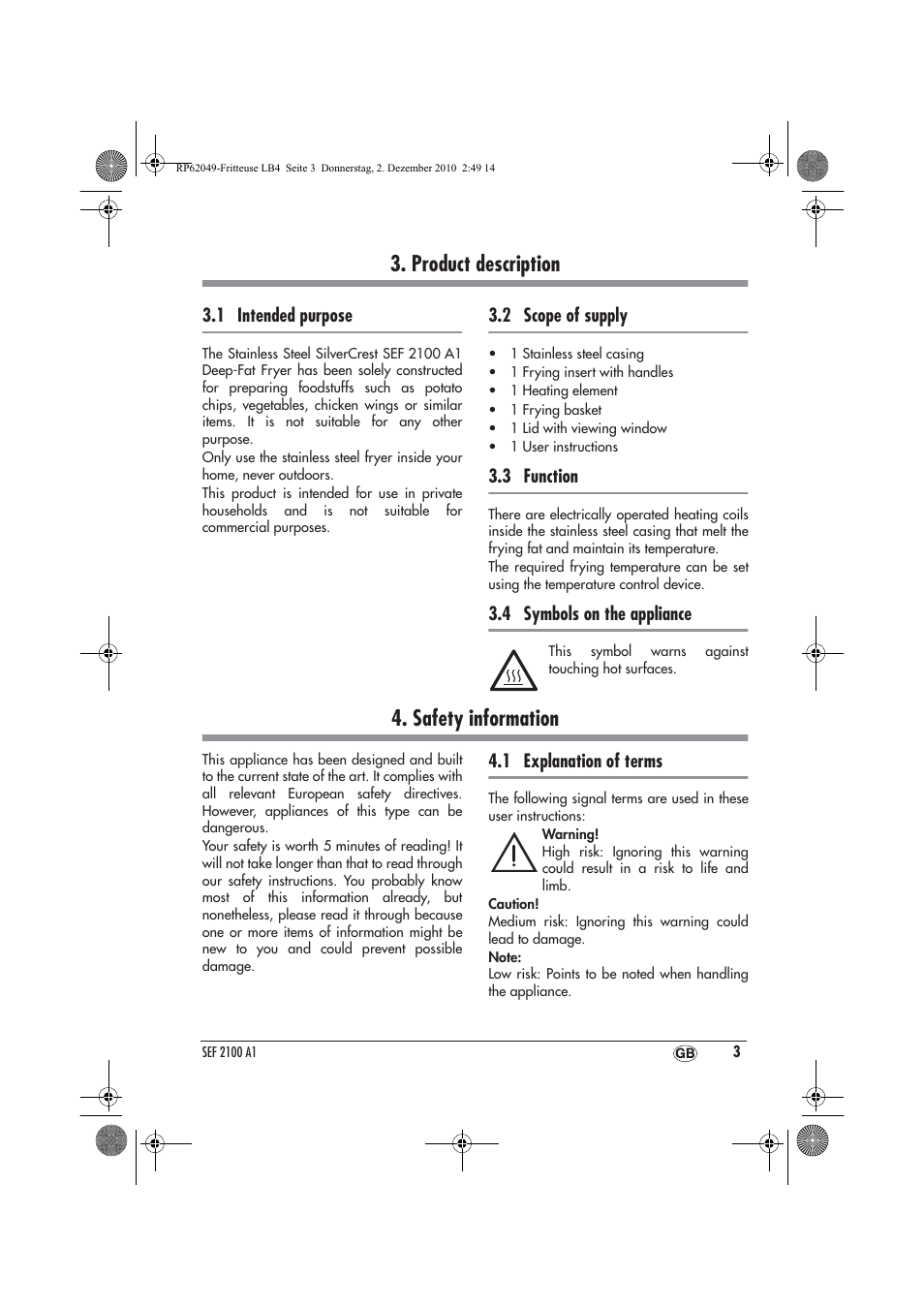 Product description, Safety information | Silvercrest SEF 2100 A1 User Manual | Page 5 / 86