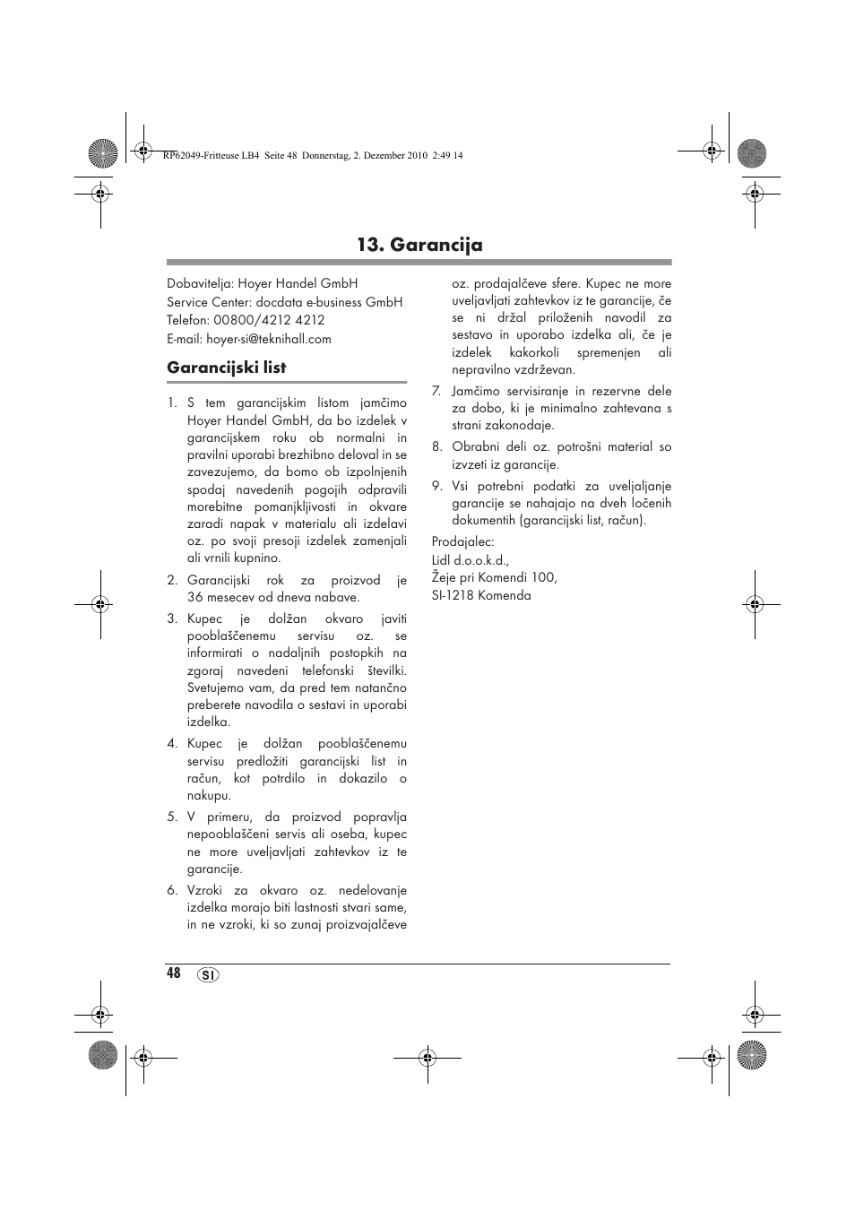 Garancija | Silvercrest SEF 2100 A1 User Manual | Page 50 / 86