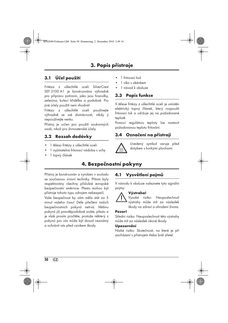 Popis přístroje, Bezpečnostní pokyny | Silvercrest SEF 2100 A1 User Manual | Page 52 / 86