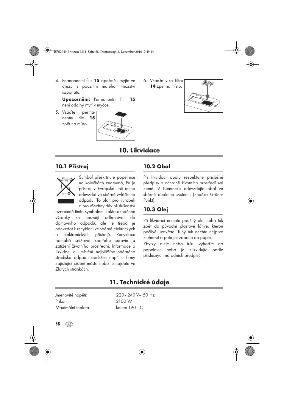 Likvidace, Technické údaje | Silvercrest SEF 2100 A1 User Manual | Page 60 / 86