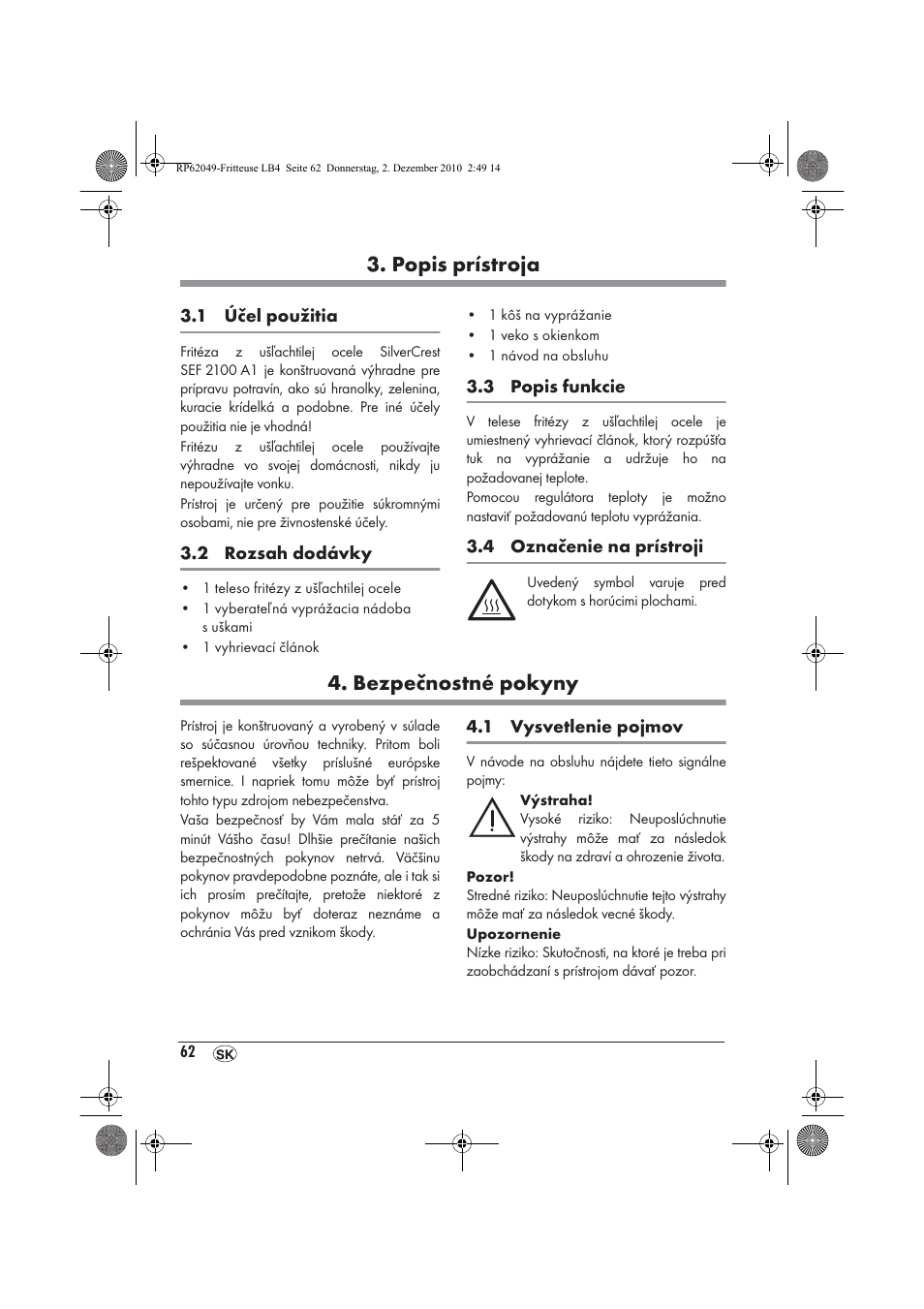 Popis prístroja, Bezpečnostné pokyny | Silvercrest SEF 2100 A1 User Manual | Page 64 / 86