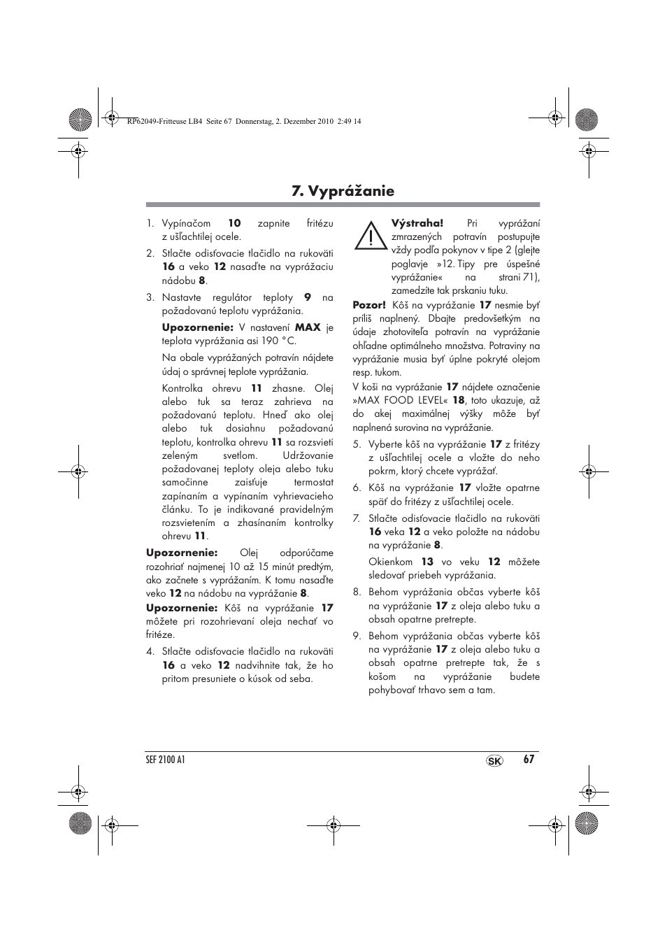 Vyprážanie | Silvercrest SEF 2100 A1 User Manual | Page 69 / 86