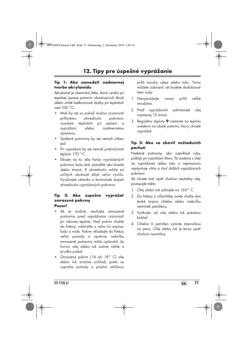 Tipy pre úspešné vyprážanie | Silvercrest SEF 2100 A1 User Manual | Page 73 / 86