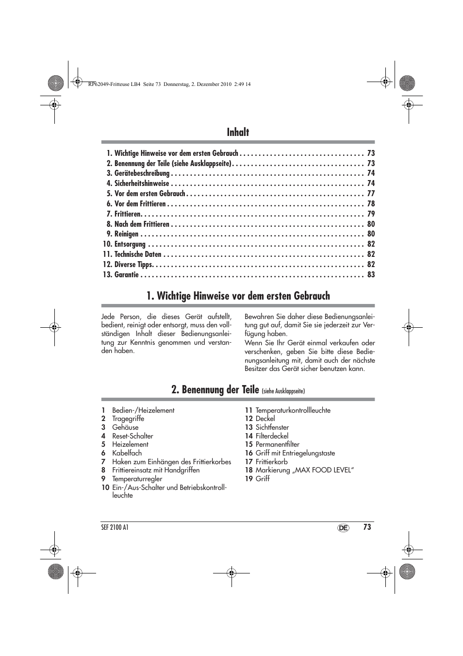 Inhalt, Wichtige hinweise vor dem ersten gebrauch, Benennung der teile | Silvercrest SEF 2100 A1 User Manual | Page 75 / 86