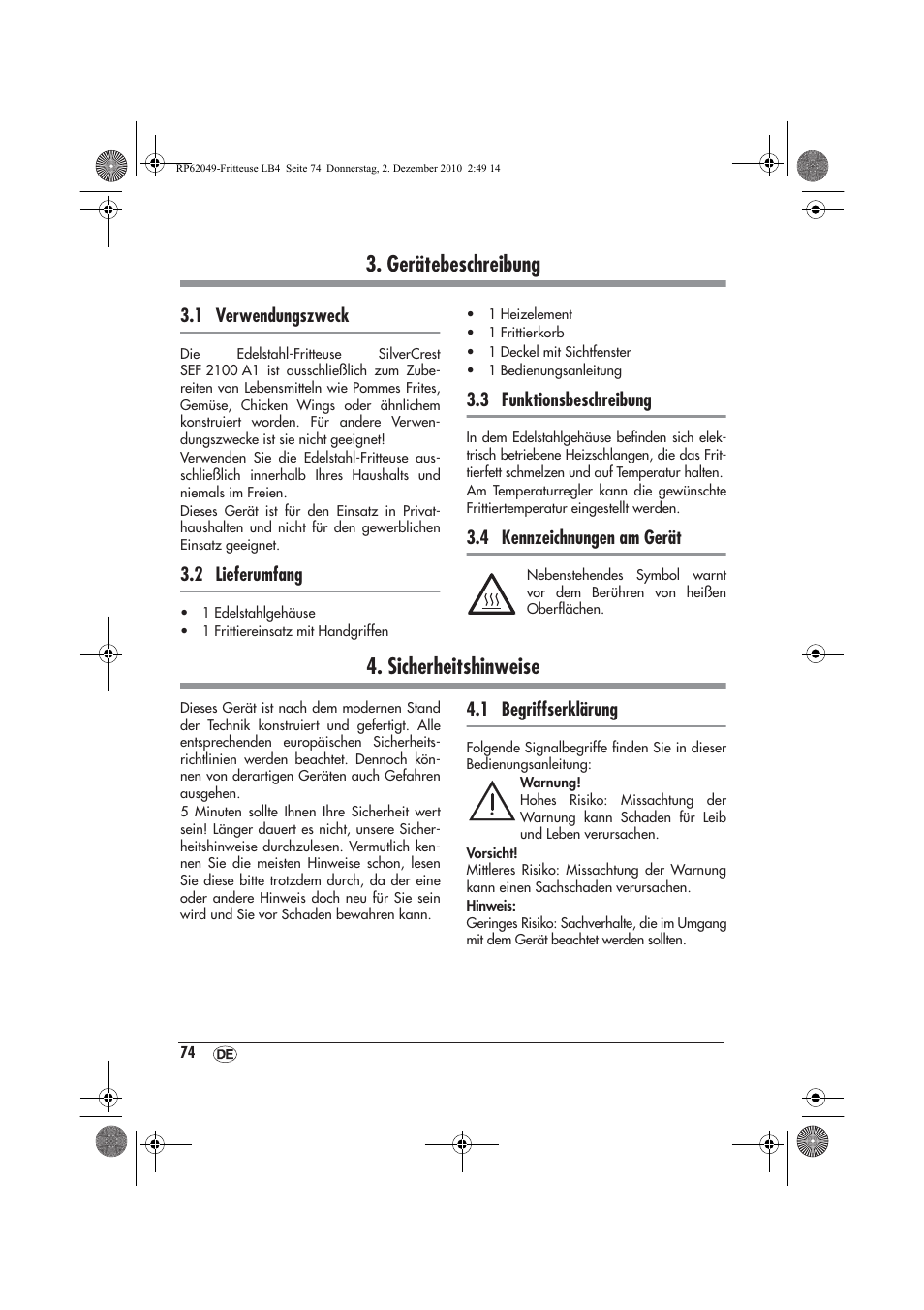 Gerätebeschreibung, Sicherheitshinweise | Silvercrest SEF 2100 A1 User Manual | Page 76 / 86