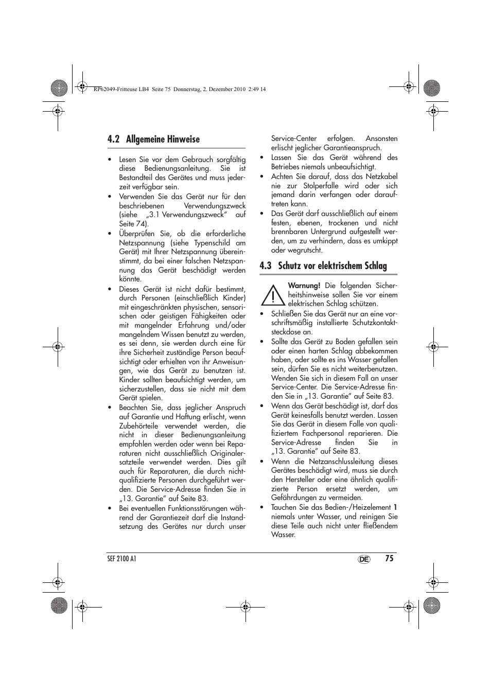 2 allgemeine hinweise, 3 schutz vor elektrischem schlag | Silvercrest SEF 2100 A1 User Manual | Page 77 / 86