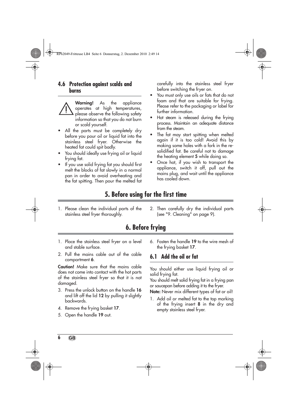 Before using for the ﬁrst time, Before frying, 6 protection against scalds and burns | 1 add the oil or fat | Silvercrest SEF 2100 A1 User Manual | Page 8 / 86