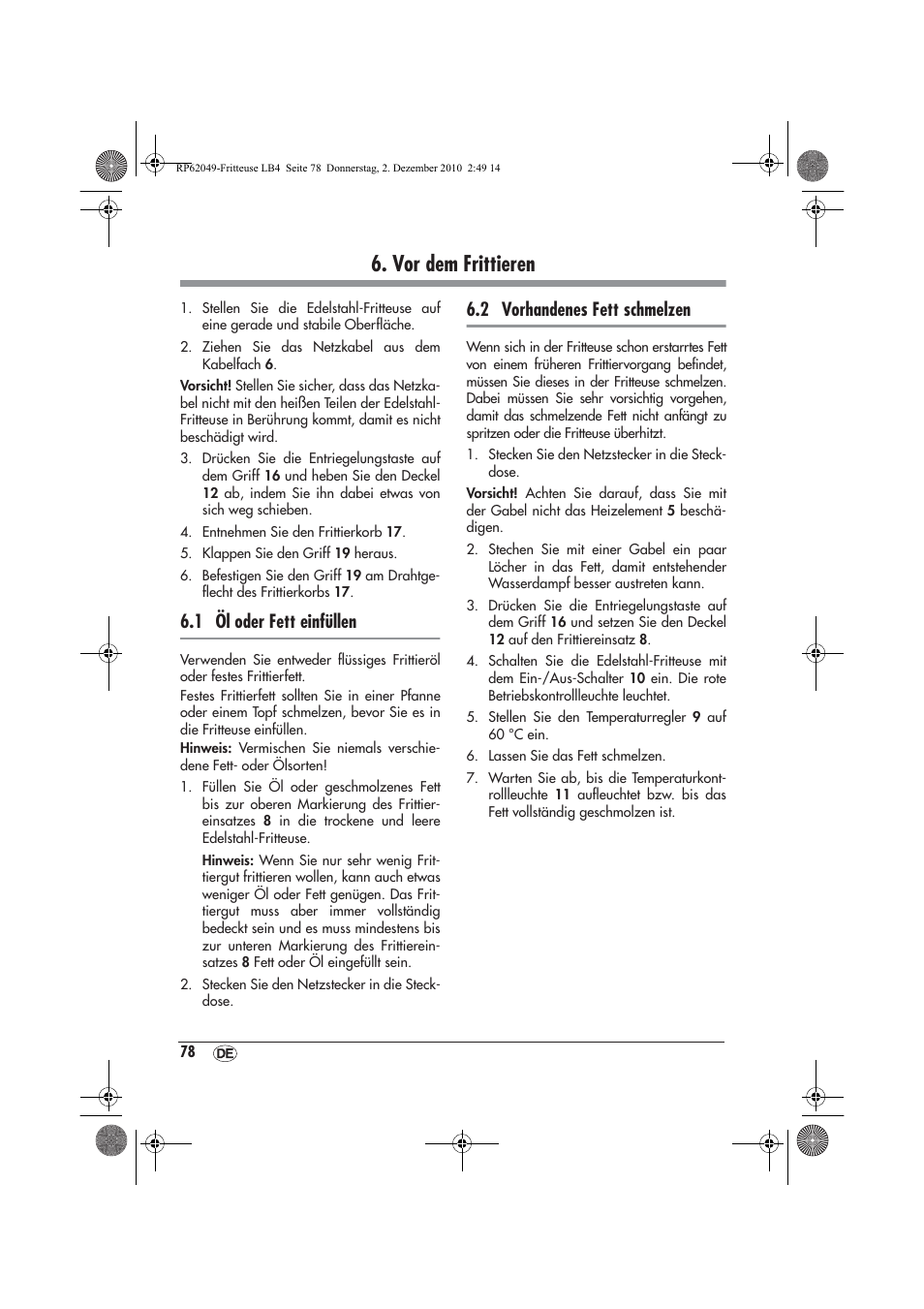 Vor dem frittieren, 1 öl oder fett einfüllen, 2 vorhandenes fett schmelzen | Silvercrest SEF 2100 A1 User Manual | Page 80 / 86