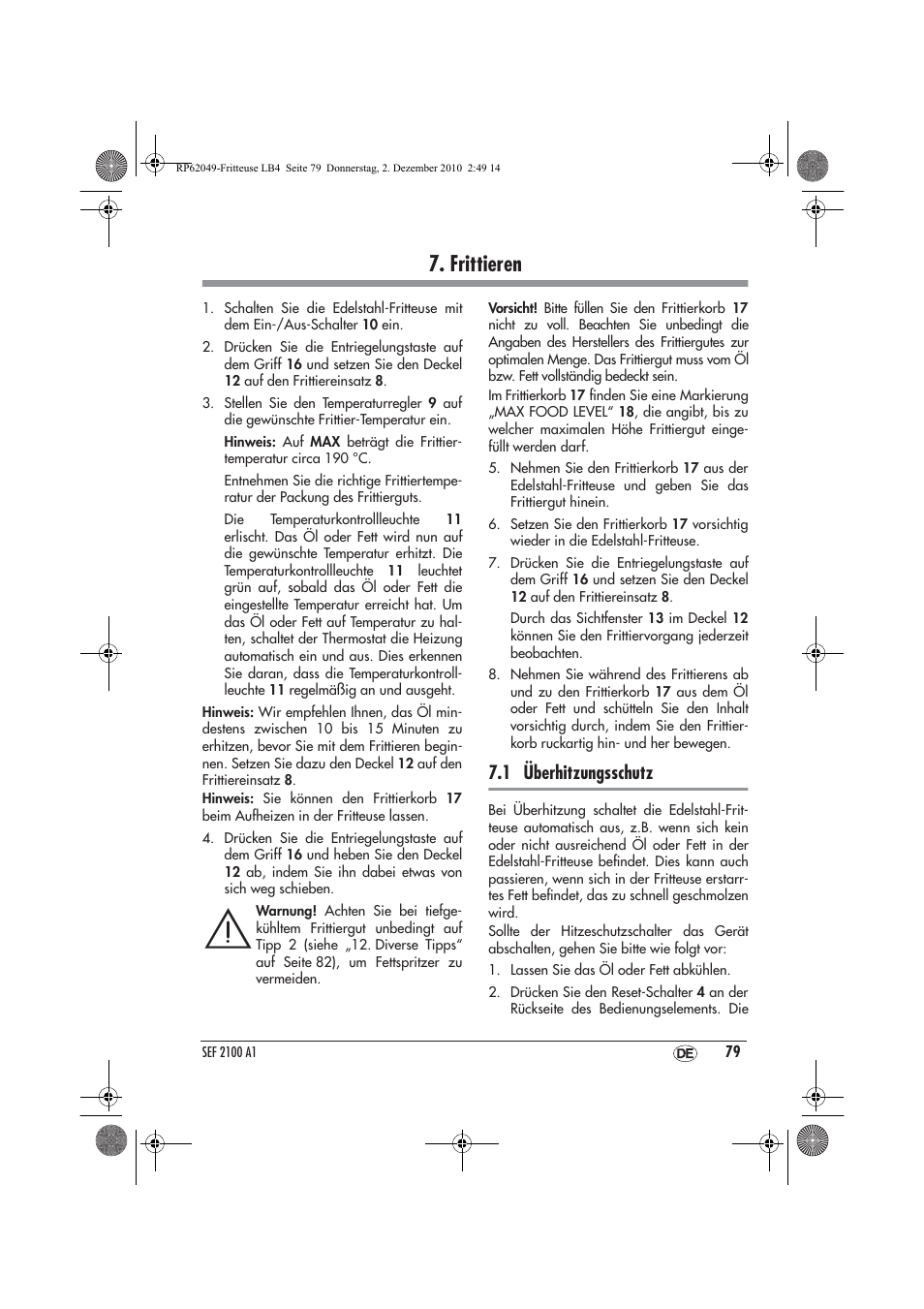 Frittieren, 1 überhitzungsschutz | Silvercrest SEF 2100 A1 User Manual | Page 81 / 86