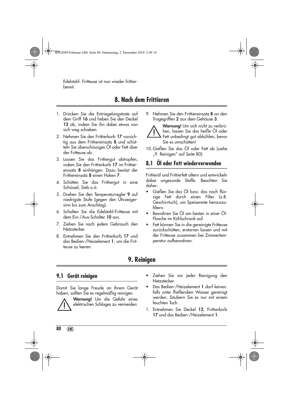 Nach dem frittieren, Reinigen, 1 öl oder fett wiederverwenden | 1 gerät reinigen | Silvercrest SEF 2100 A1 User Manual | Page 82 / 86