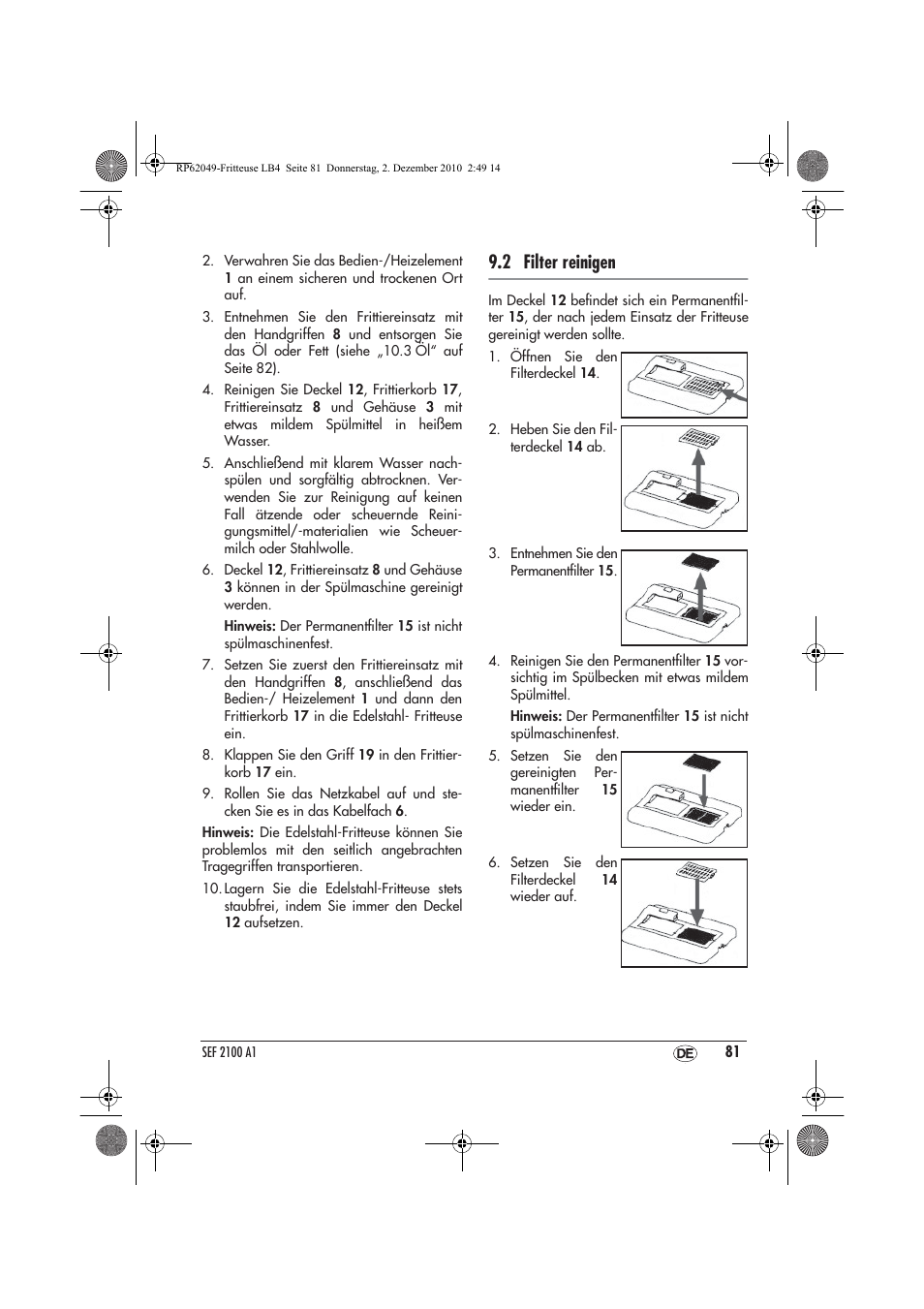 2 filter reinigen | Silvercrest SEF 2100 A1 User Manual | Page 83 / 86