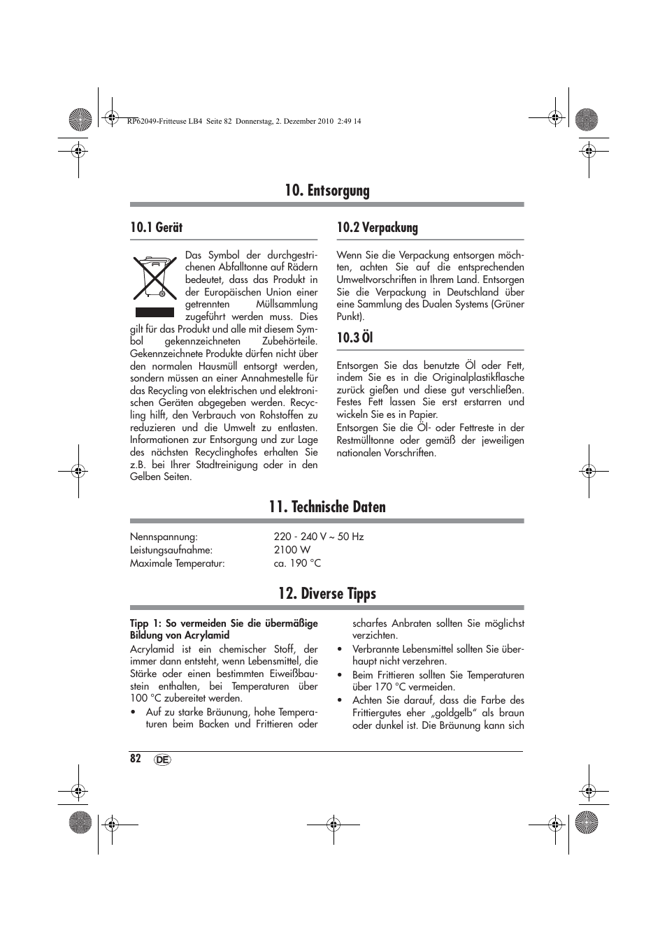 Entsorgung, Technische daten, Diverse tipps | 1 gerät, 2 verpackung, 3 öl | Silvercrest SEF 2100 A1 User Manual | Page 84 / 86