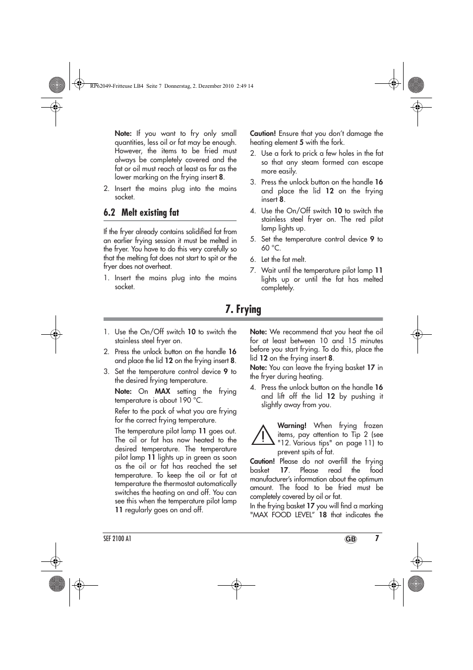 Frying, 2 melt existing fat | Silvercrest SEF 2100 A1 User Manual | Page 9 / 86