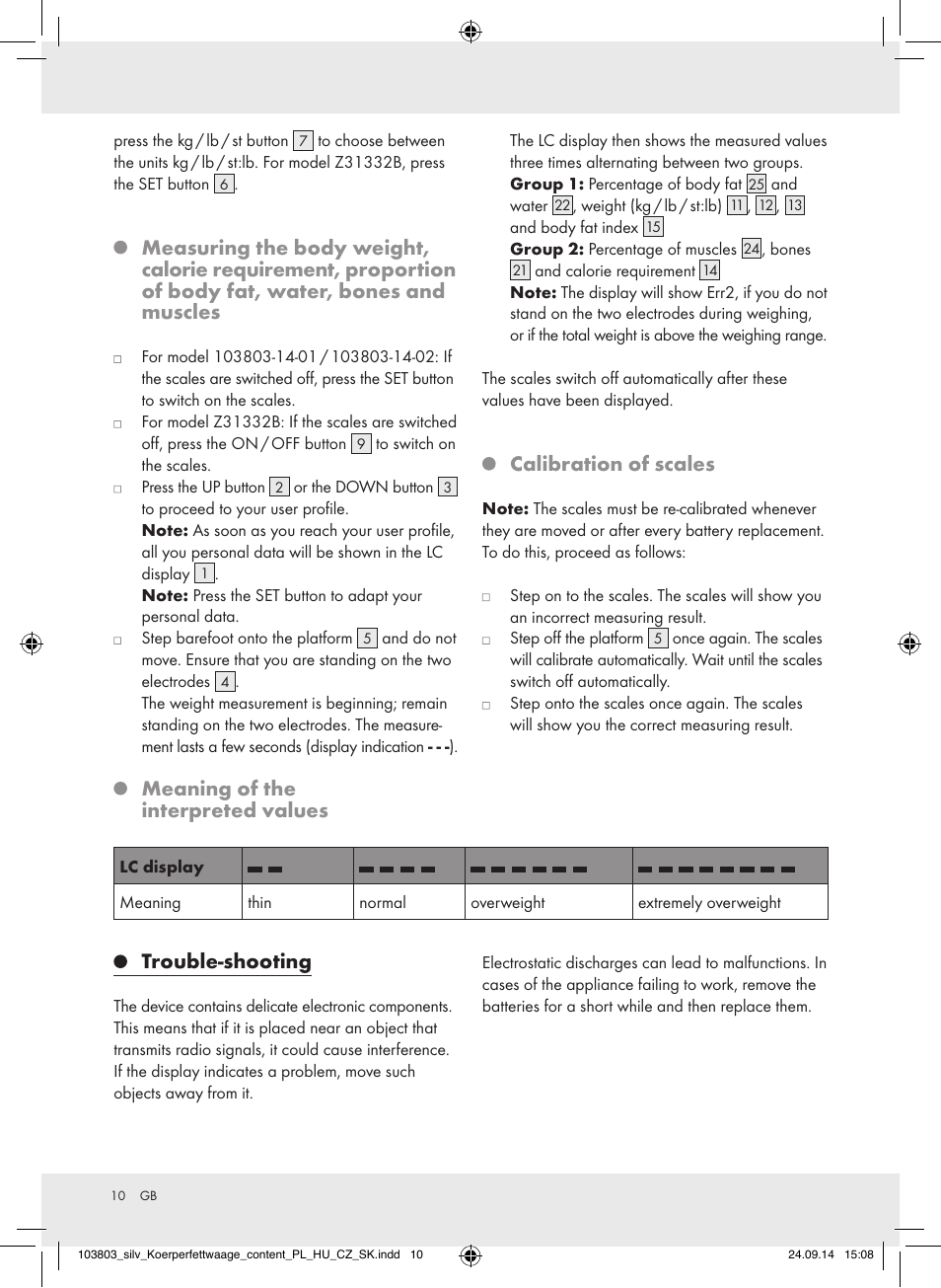 Calibration of scales, Meaning of the interpreted values, Trouble-shooting | Silvercrest 103803-14-01/103803-14-02 User Manual | Page 10 / 57