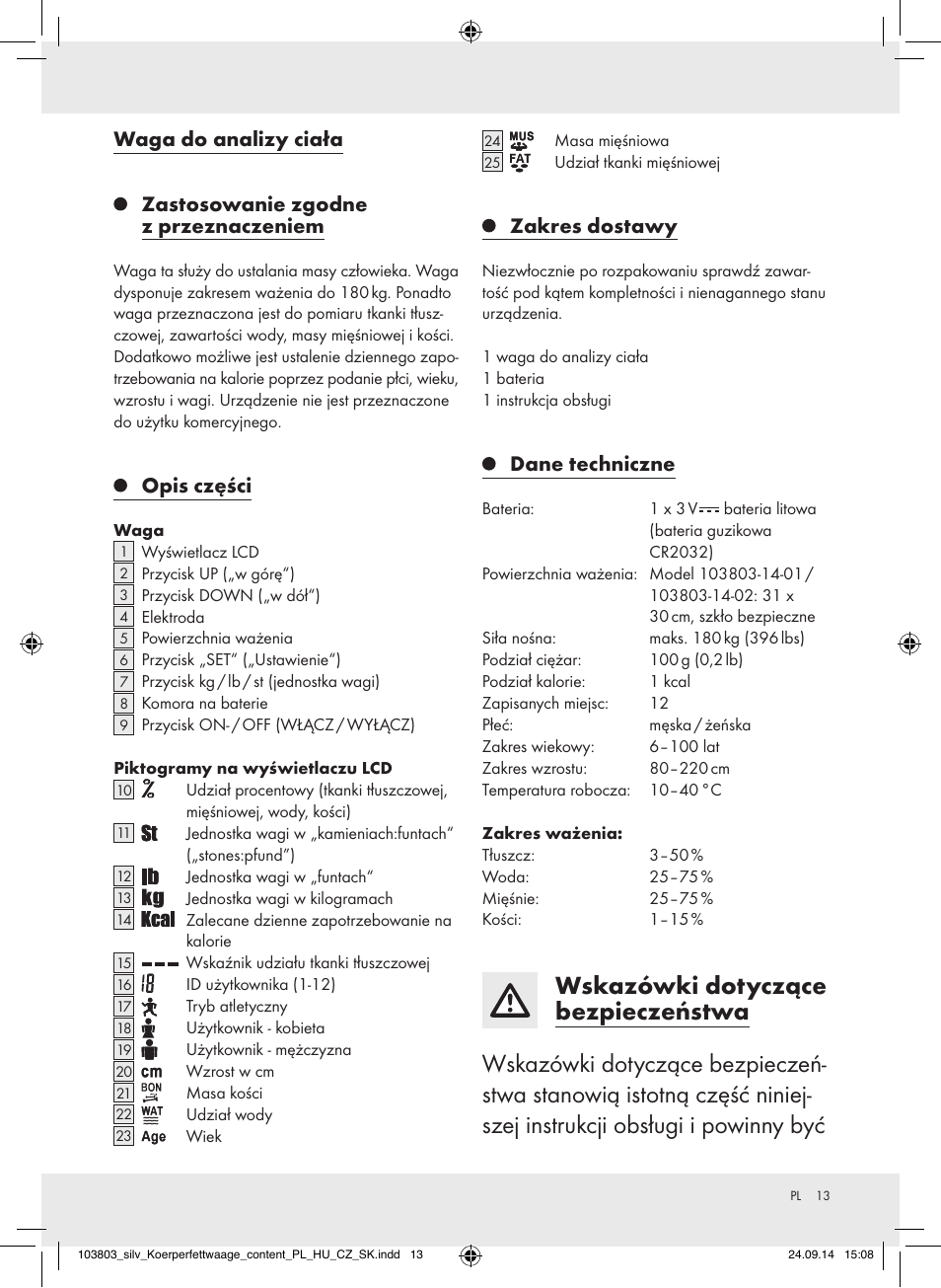Opis części, Zakres dostawy, Dane techniczne | Silvercrest 103803-14-01/103803-14-02 User Manual | Page 13 / 57