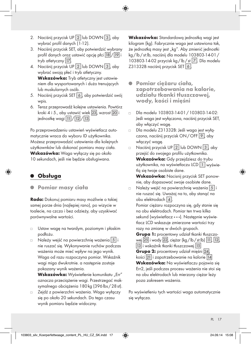 Obsługa pomiar masy ciała | Silvercrest 103803-14-01/103803-14-02 User Manual | Page 17 / 57