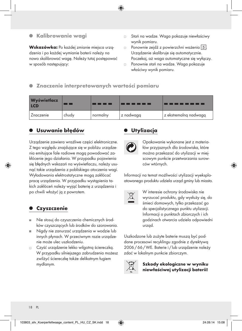 Kalibrowanie wagi, Usuwanie błędów, Czyszczenie | Utylizacja, Znaczenie interpretowanych wartości pomiaru | Silvercrest 103803-14-01/103803-14-02 User Manual | Page 18 / 57