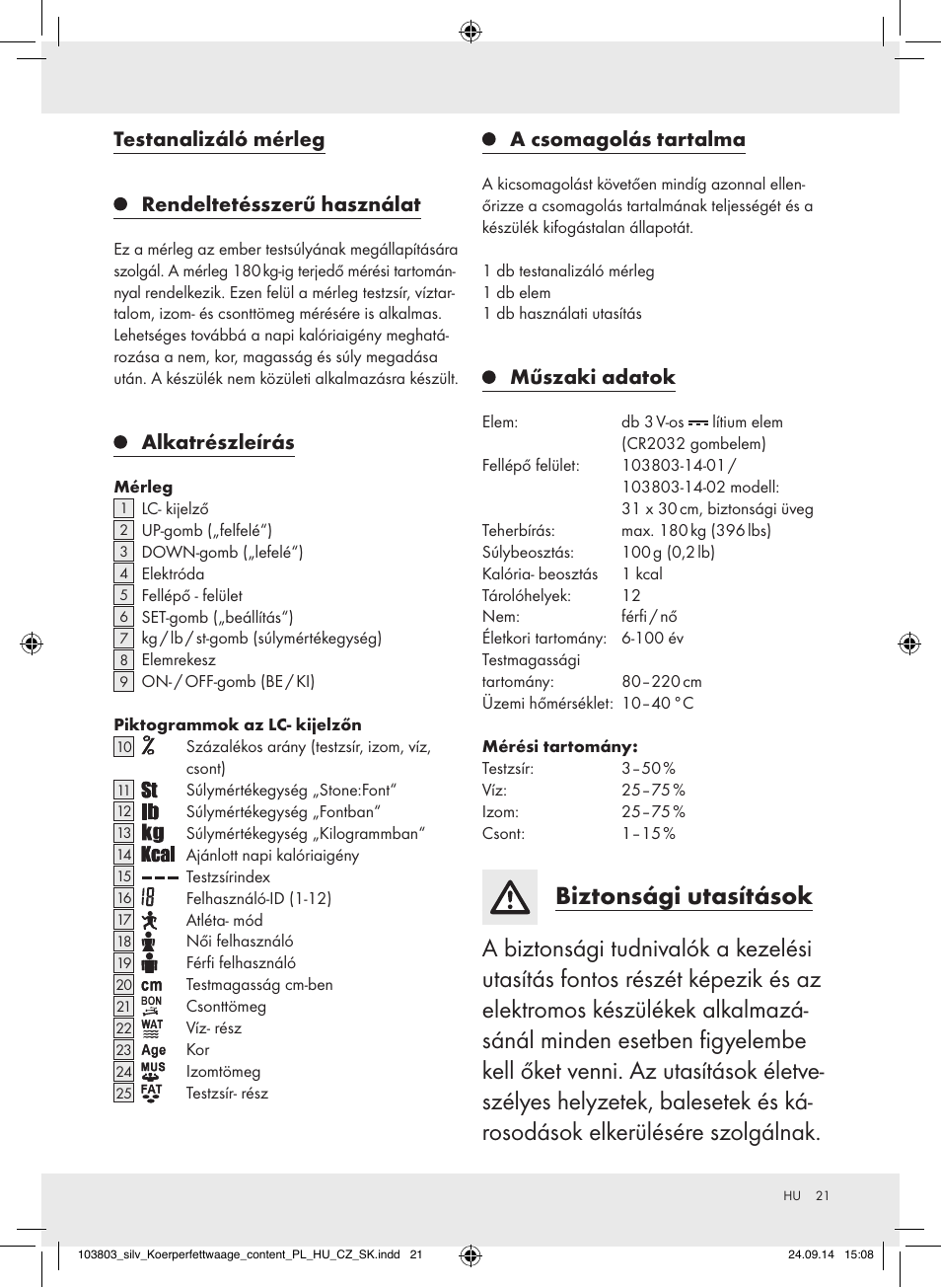 Testanalizáló mérleg rendeltetésszerű használat, Alkatrészleírás, A csomagolás tartalma | Műszaki adatok | Silvercrest 103803-14-01/103803-14-02 User Manual | Page 21 / 57