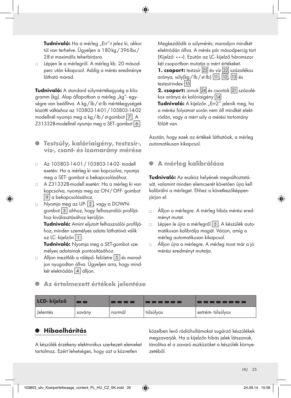 A mérleg kalibrálása, Az értelmezett értékek jelentése, Hibaelhárítás | Silvercrest 103803-14-01/103803-14-02 User Manual | Page 25 / 57