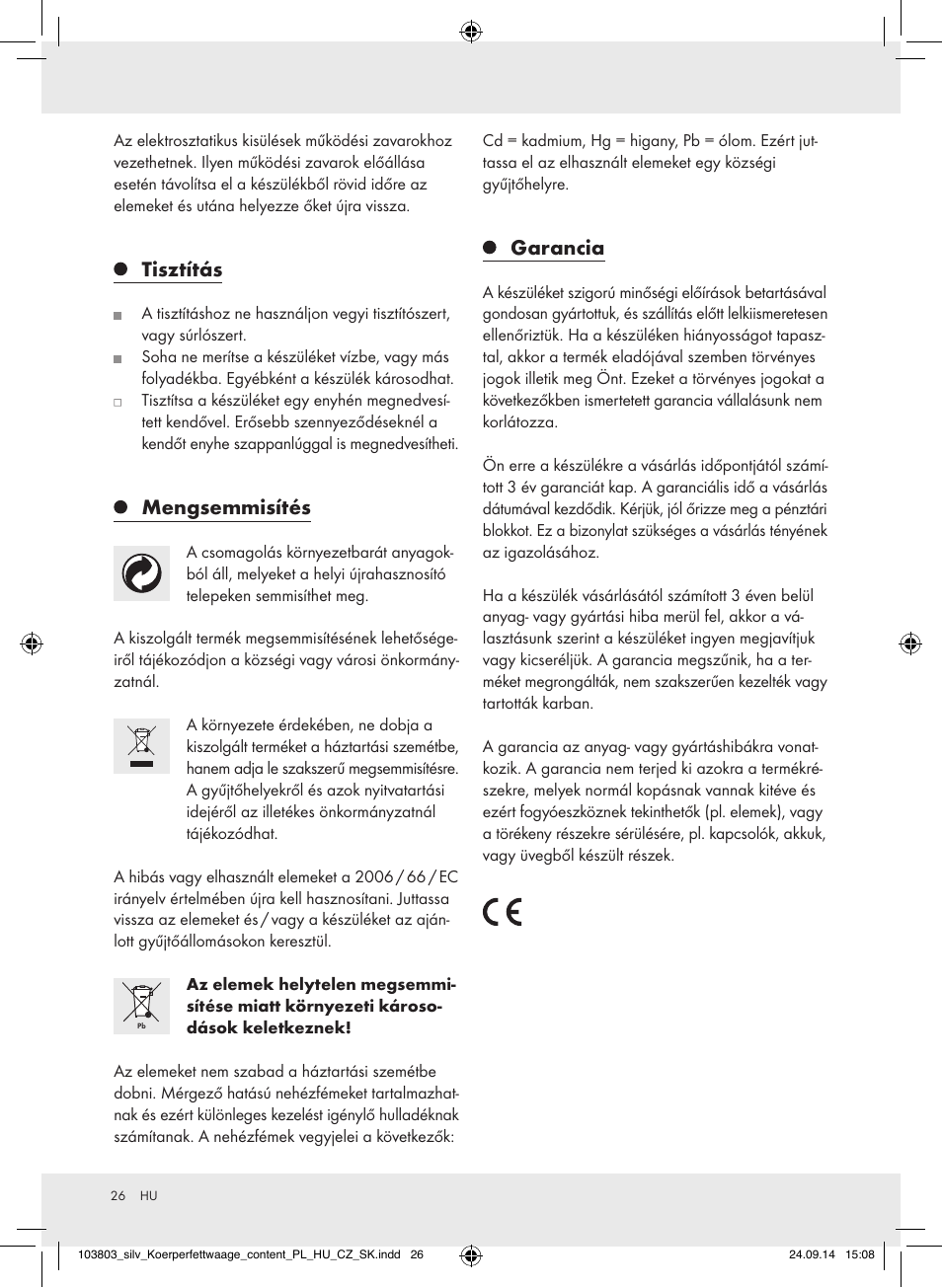 Tisztítás, Mengsemmisítés, Garancia | Silvercrest 103803-14-01/103803-14-02 User Manual | Page 26 / 57