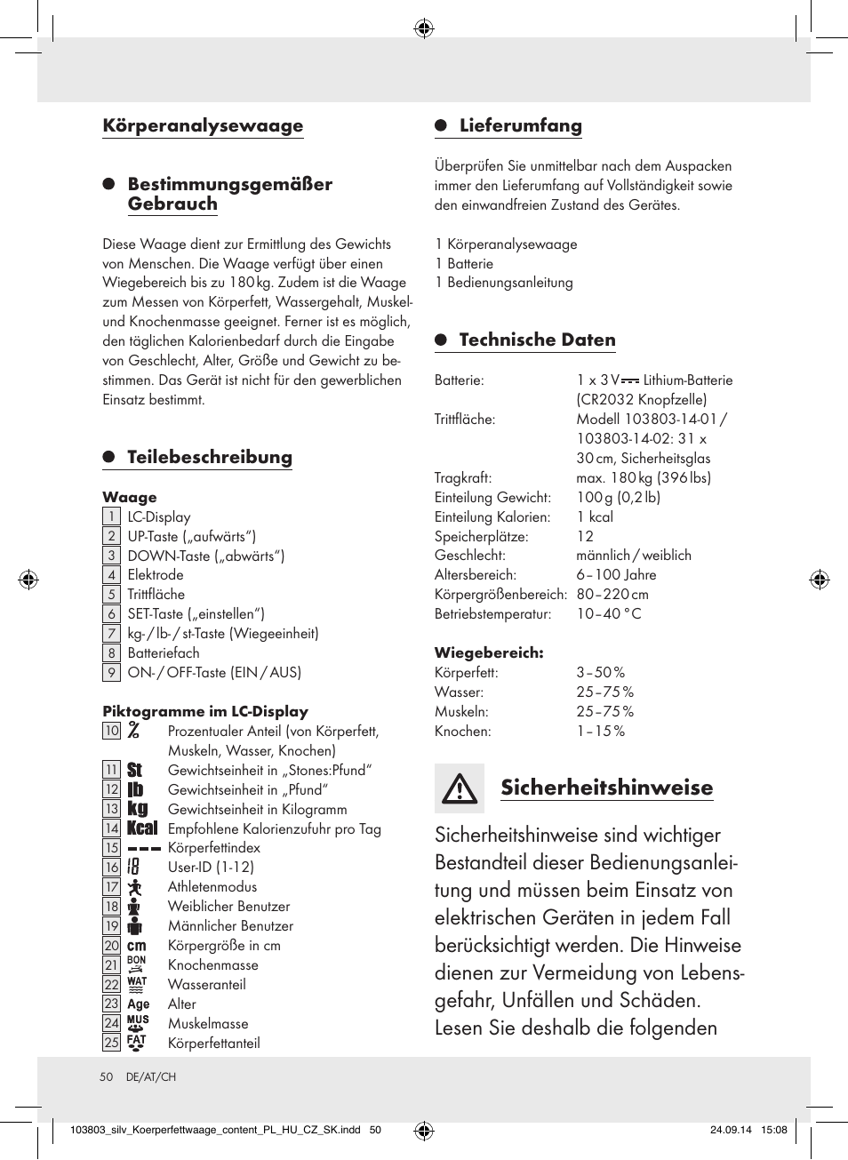 Körperanalysewaage, Bestimmungsgemäßer gebrauch, Teilebeschreibung | Lieferumfang, Technische daten | Silvercrest 103803-14-01/103803-14-02 User Manual | Page 50 / 57