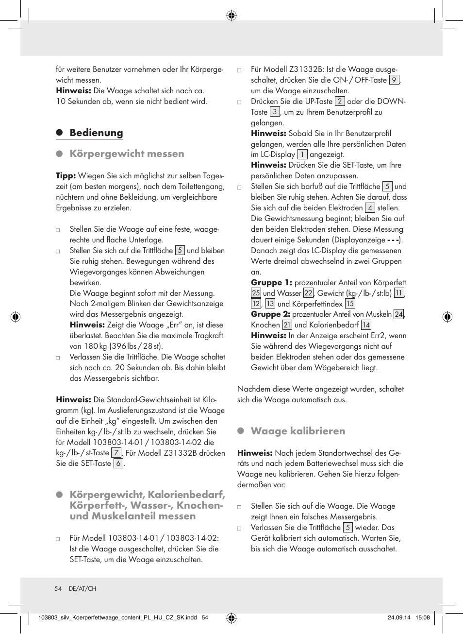 Bedienung körpergewicht messen, Waage kalibrieren | Silvercrest 103803-14-01/103803-14-02 User Manual | Page 54 / 57