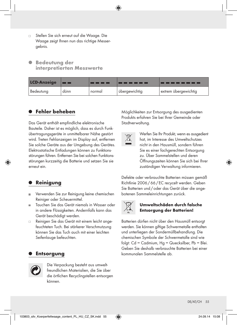 Bedeutung der interpretierten messwerte, Fehler beheben, Reinigung | Entsorgung | Silvercrest 103803-14-01/103803-14-02 User Manual | Page 55 / 57