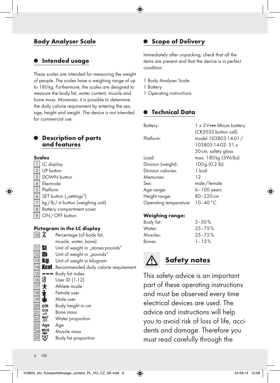 Body analyser scale, Intended usage, Description of parts and features | Scope of delivery, Technical data | Silvercrest 103803-14-01/103803-14-02 User Manual | Page 6 / 57