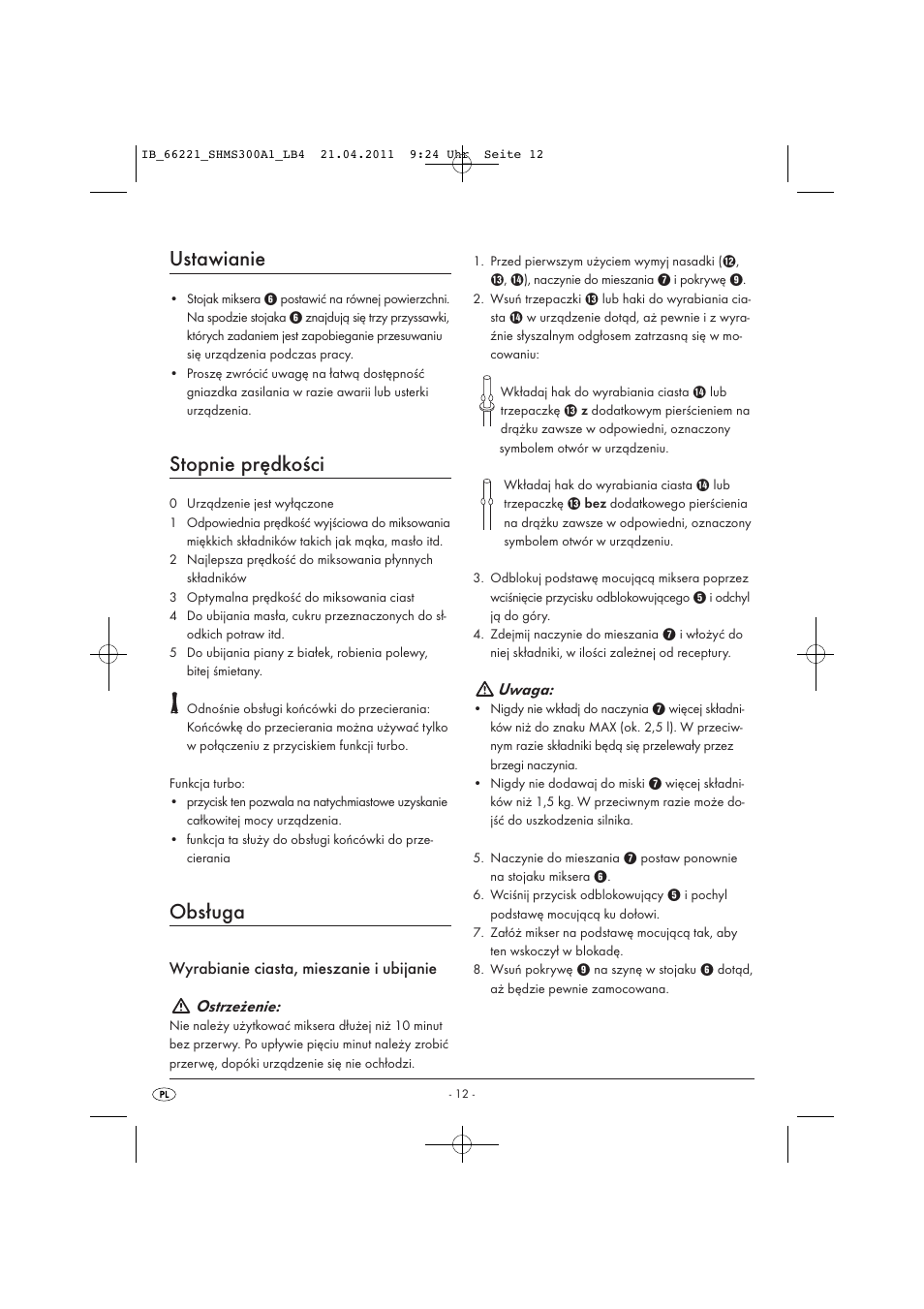 Ustawianie, Stopnie prędkości, Obsługa | Uwaga | Silvercrest SHMS 300 A1 User Manual | Page 14 / 57