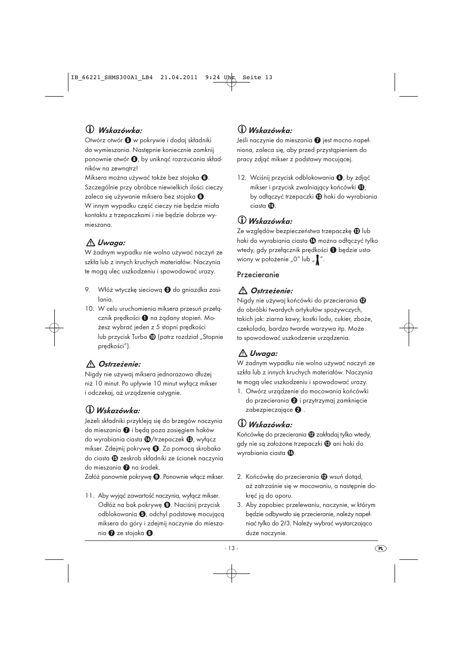 Wskazówka, Uwaga, Ostrzeżenie | Przecieranie ostrzeżenie | Silvercrest SHMS 300 A1 User Manual | Page 15 / 57