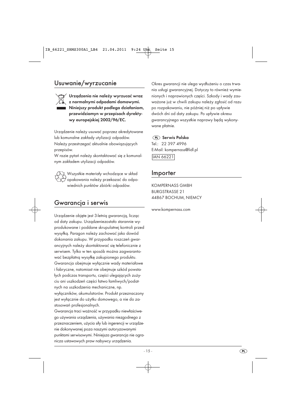 Usuwanie/wyrzucanie, Gwarancja i serwis, Importer | Silvercrest SHMS 300 A1 User Manual | Page 17 / 57