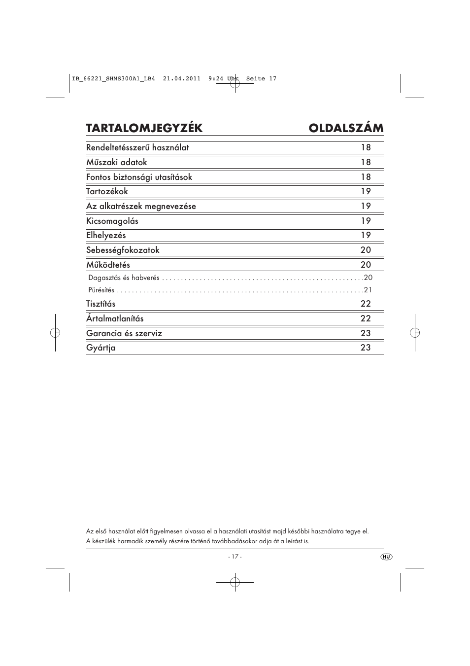 Tartalomjegyzék oldalszám | Silvercrest SHMS 300 A1 User Manual | Page 19 / 57