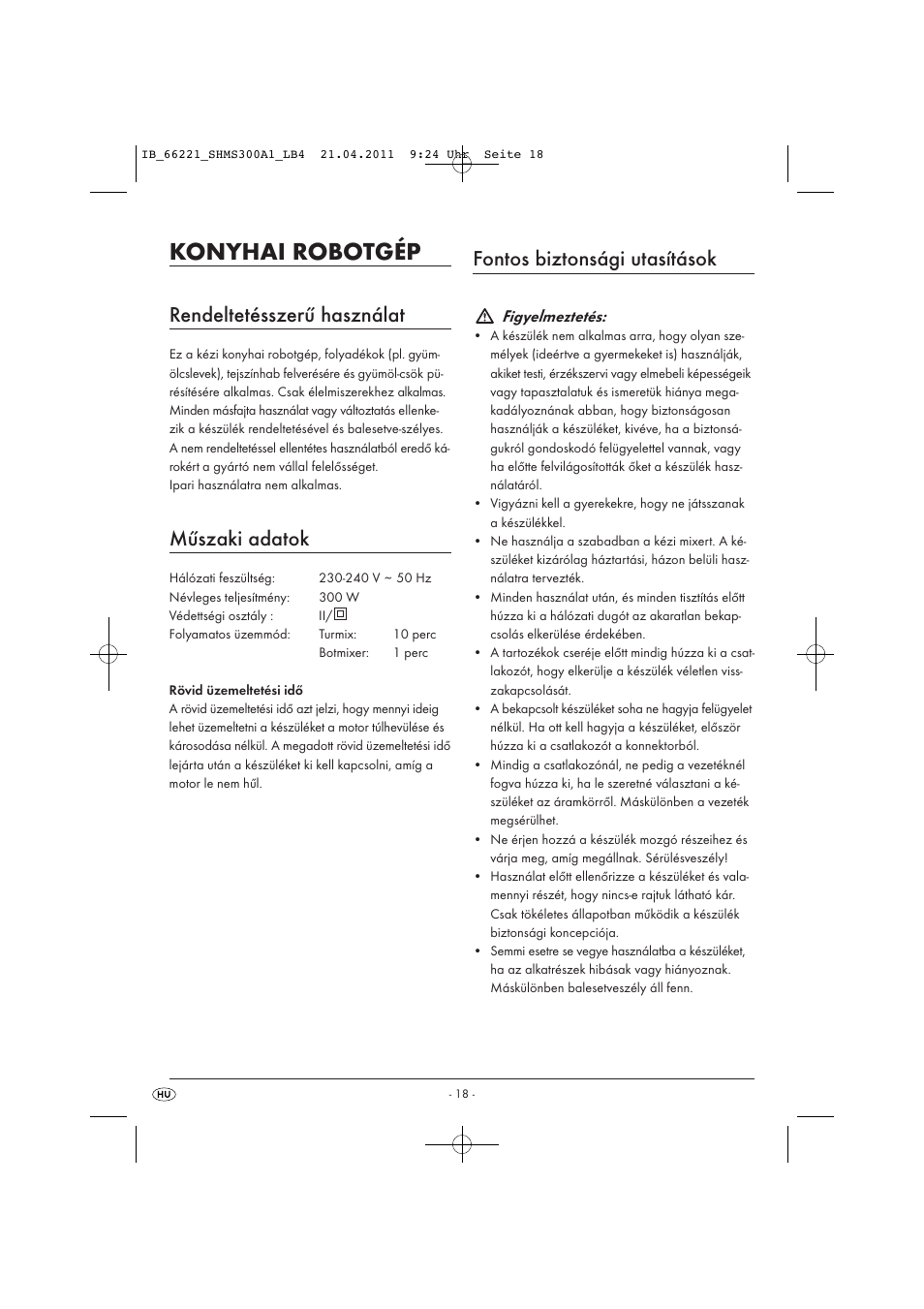 Konyhai robotgép, Rendeltetésszerű használat, Műszaki adatok | Fontos biztonsági utasítások, Figyelmeztetés | Silvercrest SHMS 300 A1 User Manual | Page 20 / 57