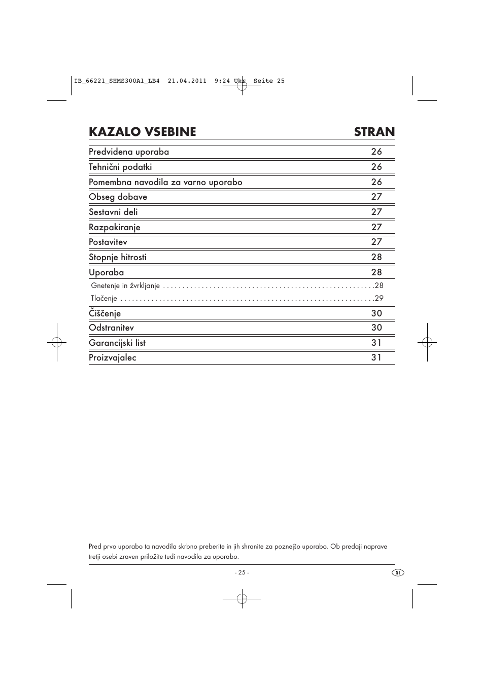 Kazalo vsebine stran | Silvercrest SHMS 300 A1 User Manual | Page 27 / 57