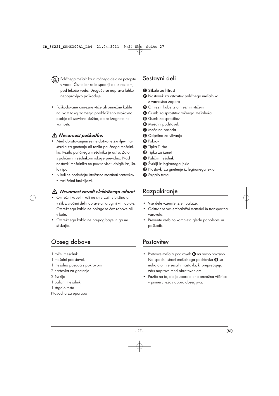 Obseg dobave, Sestavni deli, Razpakiranje | Postavitev | Silvercrest SHMS 300 A1 User Manual | Page 29 / 57