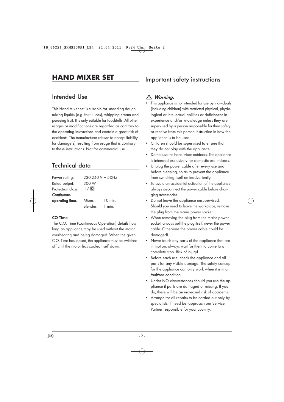 Hand mixer set, Intended use, Technical data | Important safety instructions, Warning | Silvercrest SHMS 300 A1 User Manual | Page 4 / 57