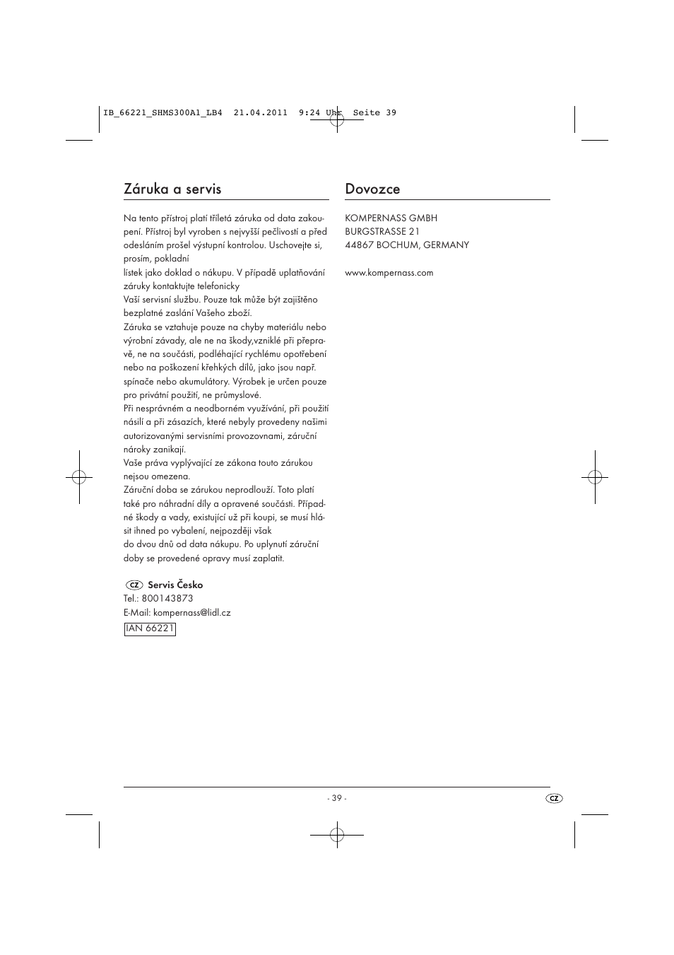 Záruka a servis, Dovozce | Silvercrest SHMS 300 A1 User Manual | Page 41 / 57