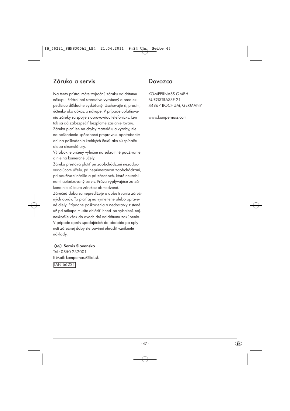 Záruka a servis, Dovozca | Silvercrest SHMS 300 A1 User Manual | Page 49 / 57
