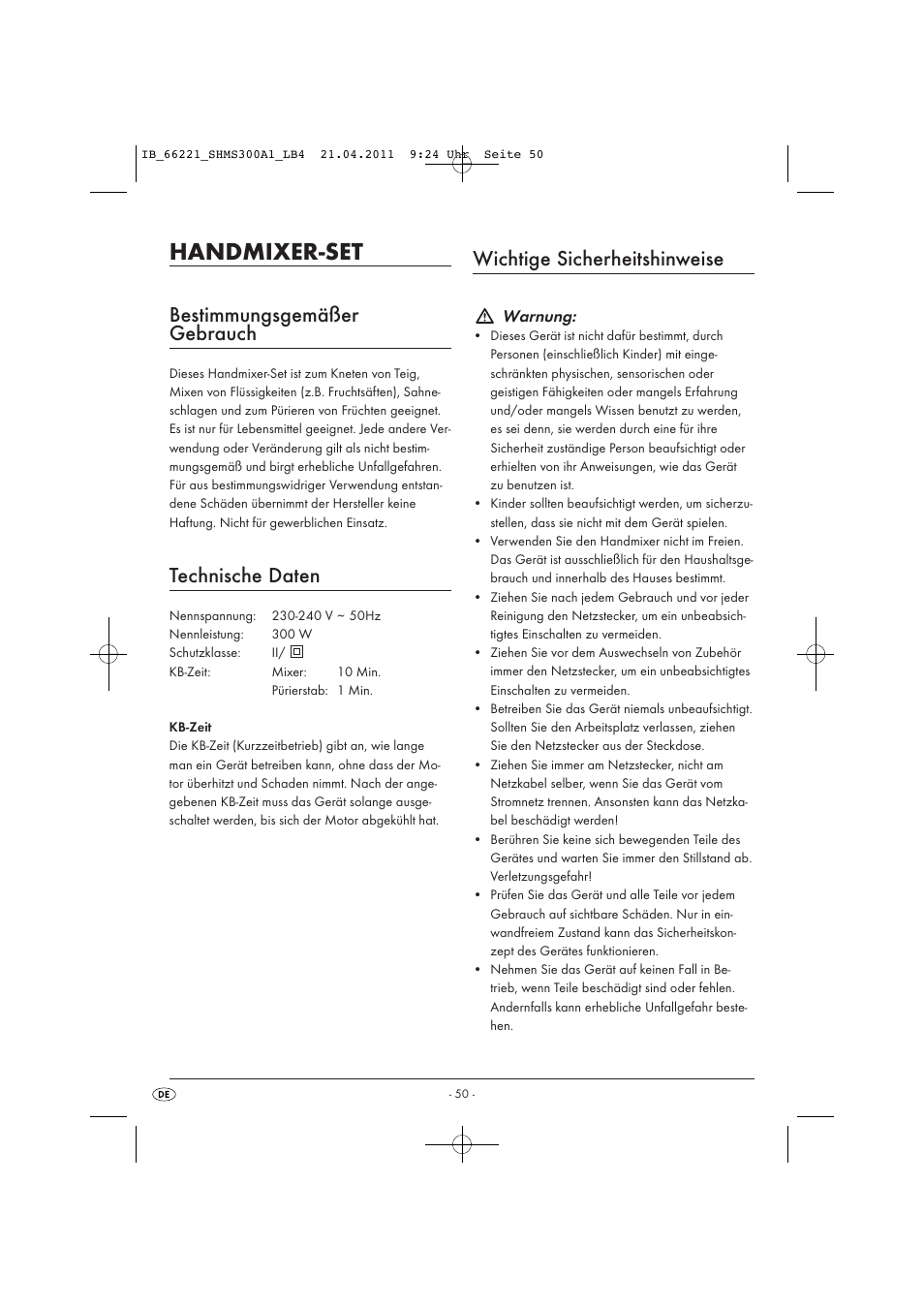 Handmixer-set, Bestimmungsgemäßer gebrauch, Technische daten | Wichtige sicherheitshinweise, Warnung | Silvercrest SHMS 300 A1 User Manual | Page 52 / 57
