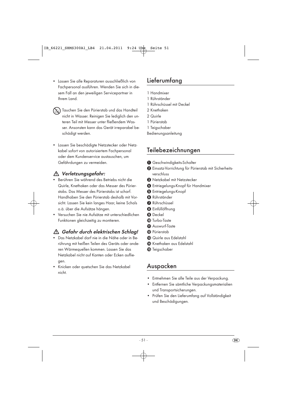 Lieferumfang, Teilebezeichnungen, Auspacken | Verletzungsgefahr, Gefahr durch elektrischen schlag | Silvercrest SHMS 300 A1 User Manual | Page 53 / 57