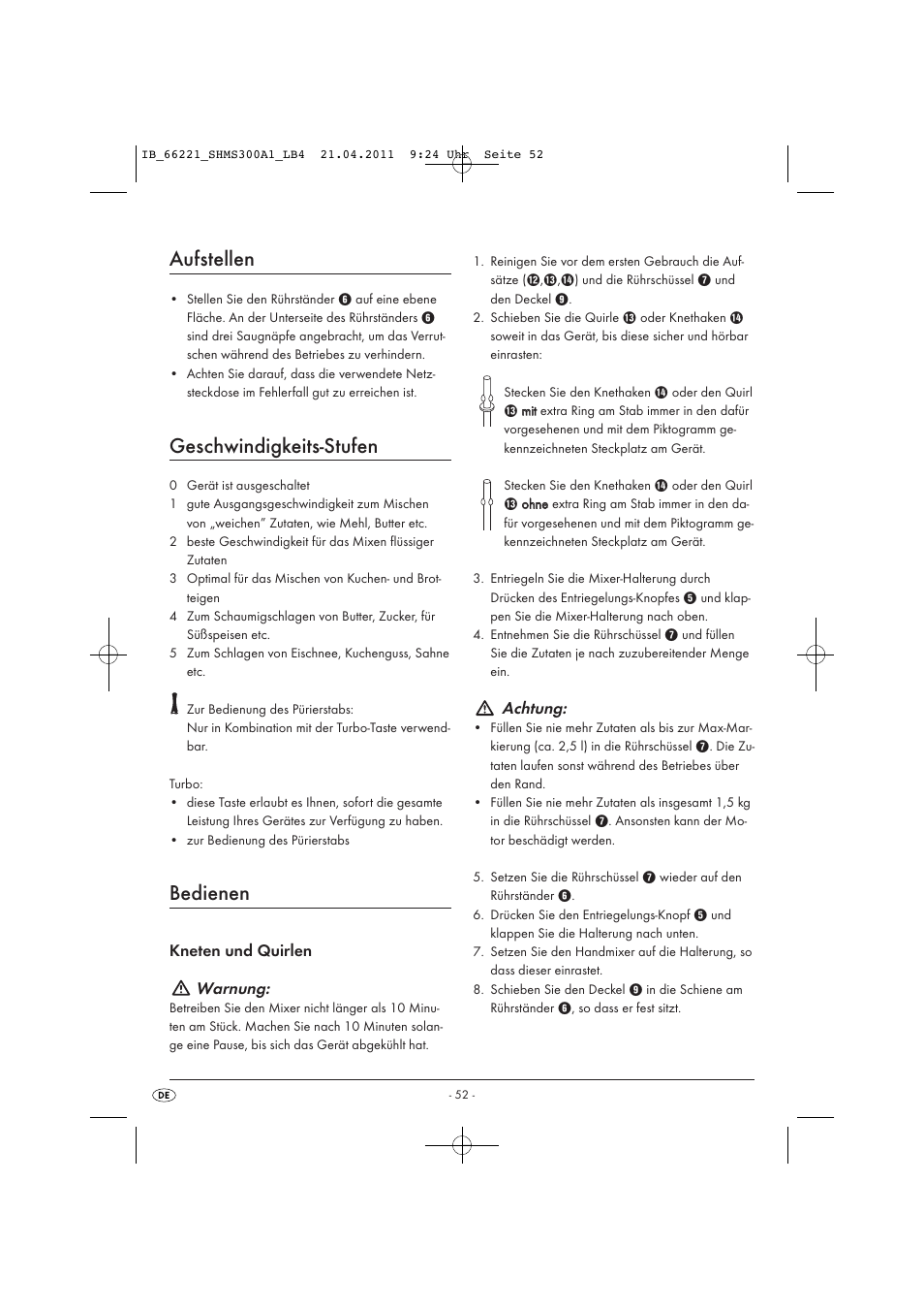 Aufstellen, Geschwindigkeits-stufen, Bedienen | Kneten und quirlen warnung, Achtung | Silvercrest SHMS 300 A1 User Manual | Page 54 / 57