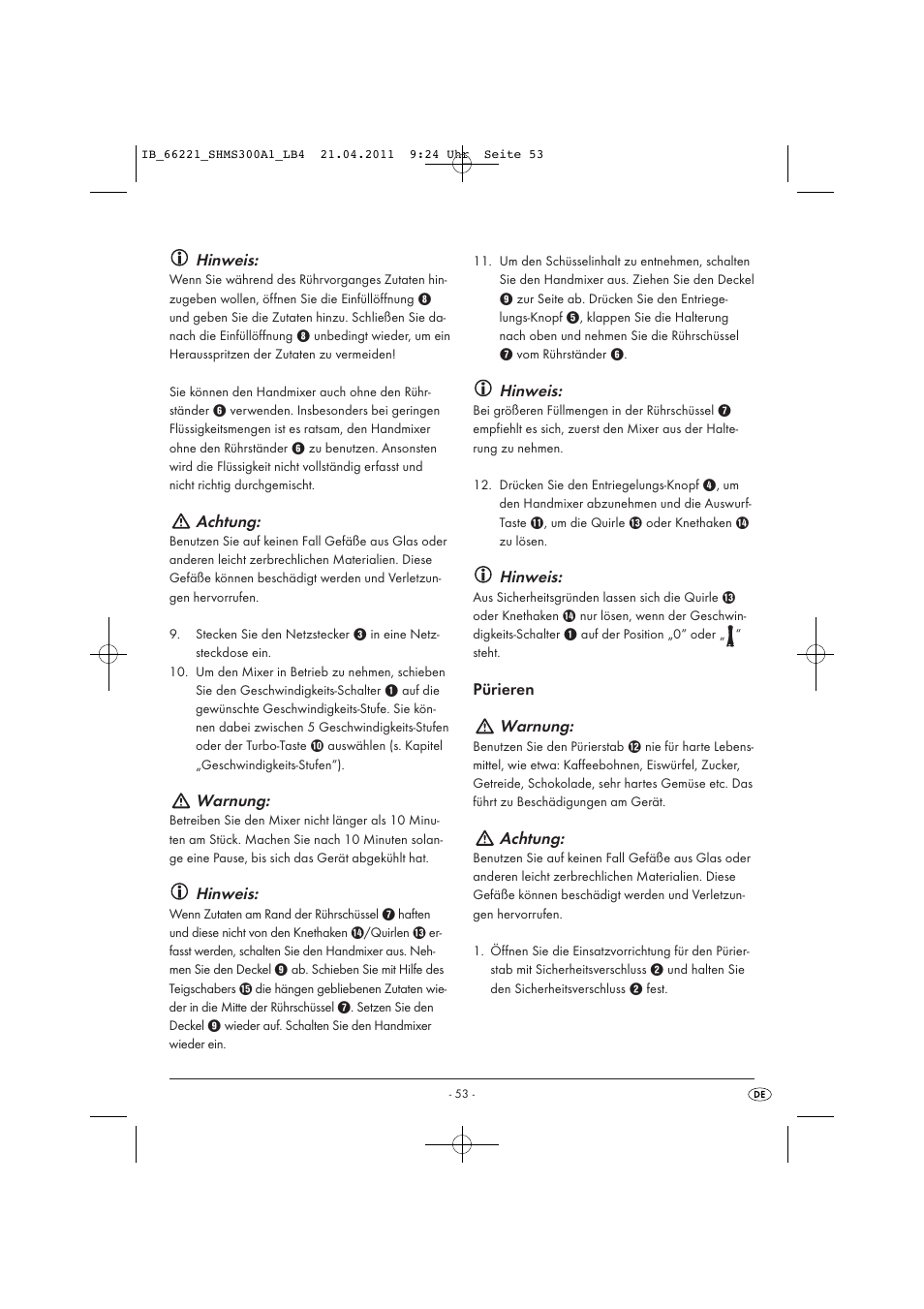 Hinweis, Achtung, Warnung | Pürieren warnung | Silvercrest SHMS 300 A1 User Manual | Page 55 / 57