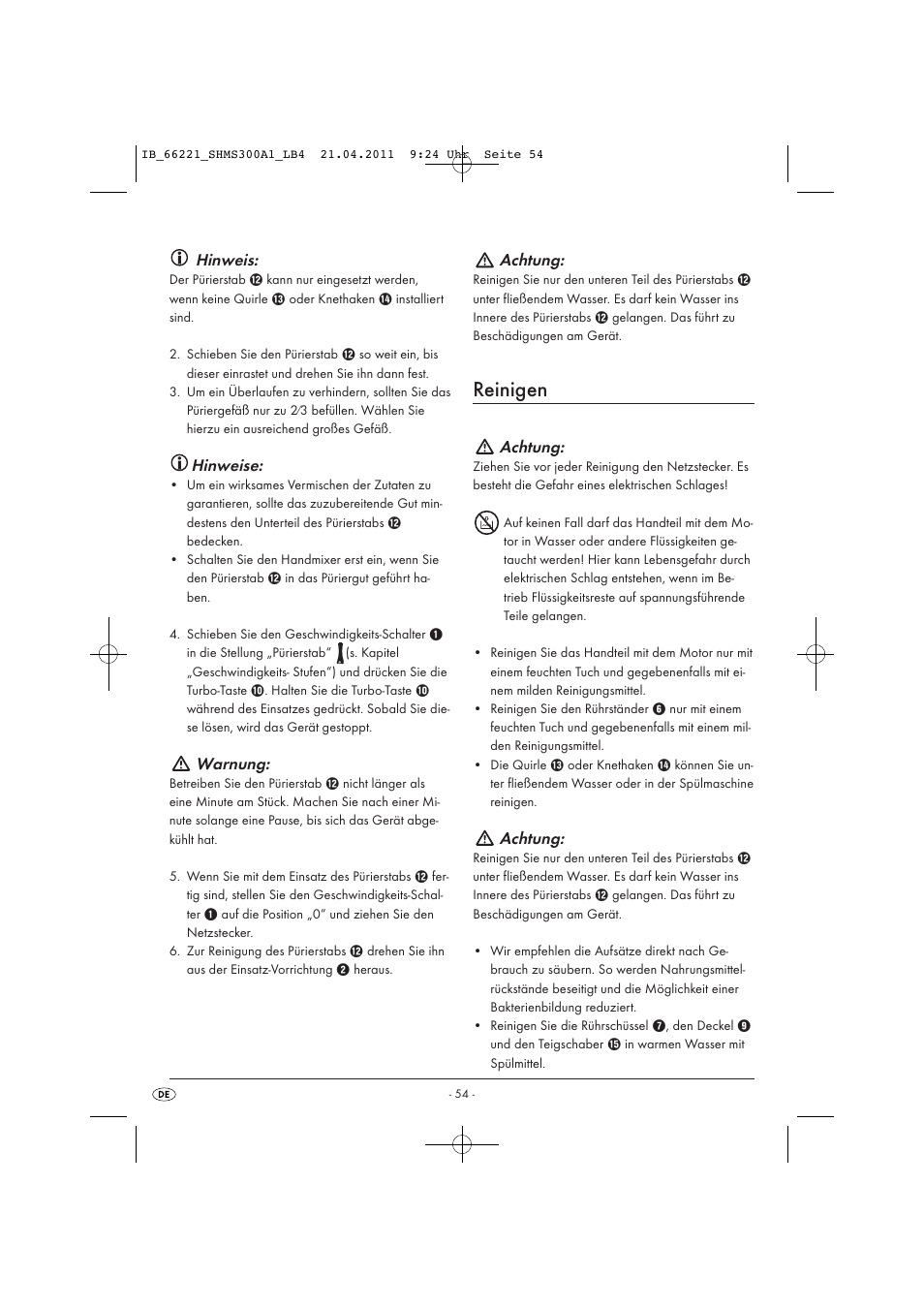 Reinigen, Hinweis, Hinweise | Warnung, Achtung | Silvercrest SHMS 300 A1 User Manual | Page 56 / 57