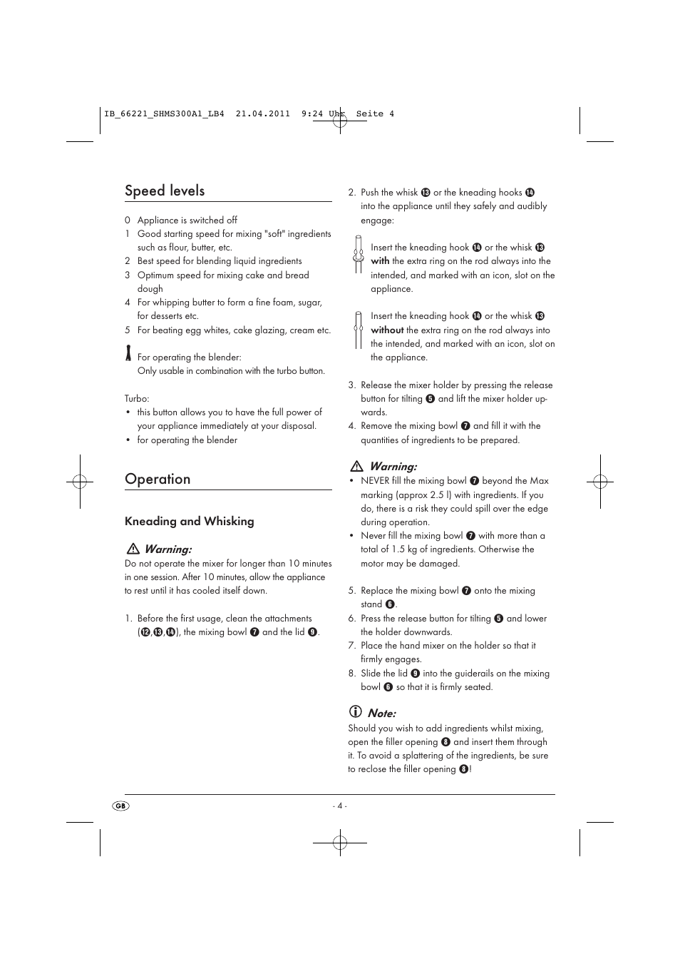 Speed levels, Operation, Kneading and whisking warning | Warning | Silvercrest SHMS 300 A1 User Manual | Page 6 / 57