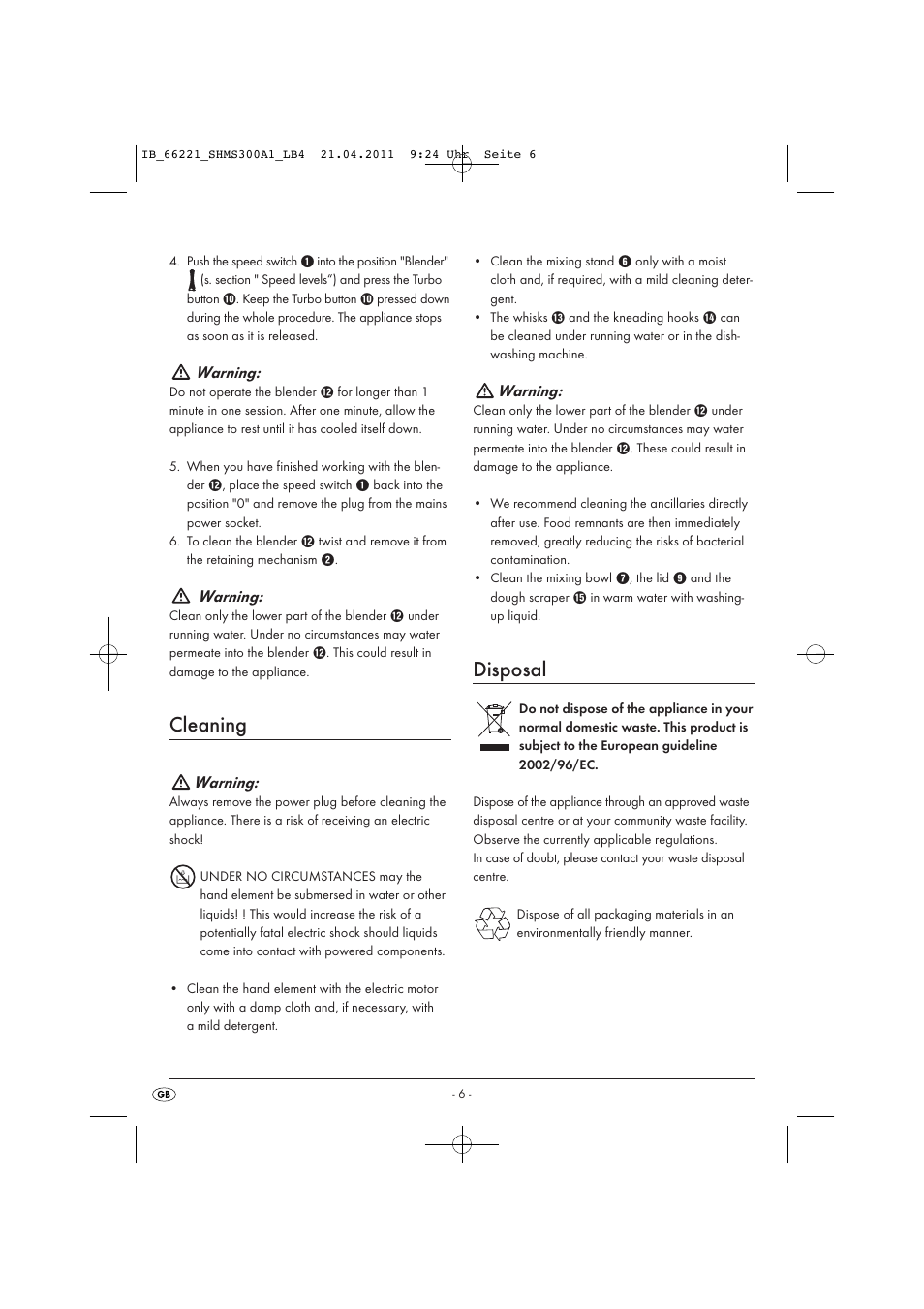 Cleaning, Disposal, Warning | Silvercrest SHMS 300 A1 User Manual | Page 8 / 57