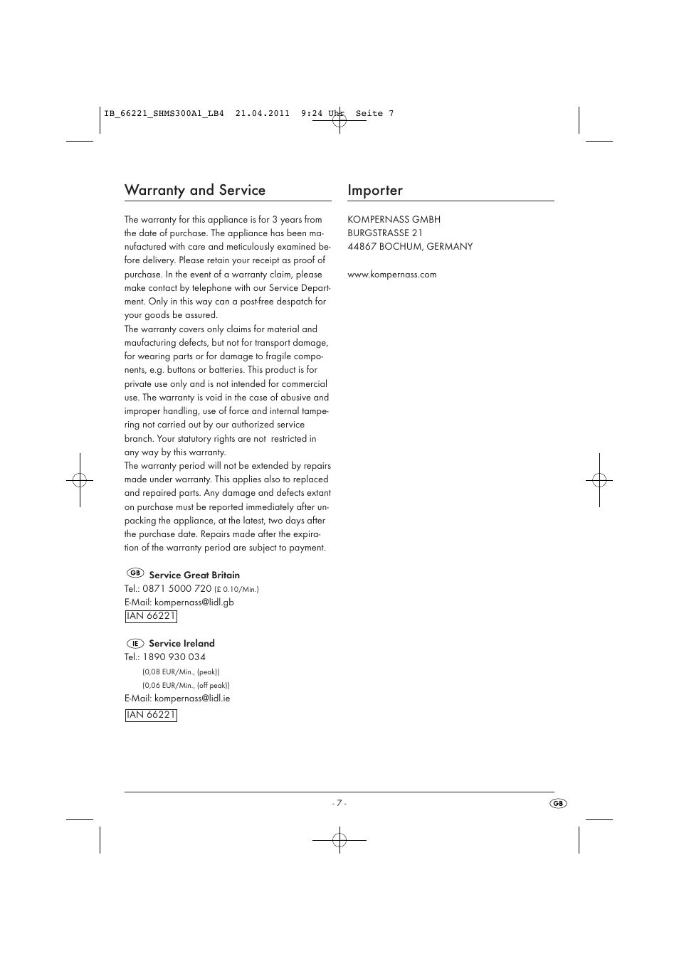 Warranty and service, Importer | Silvercrest SHMS 300 A1 User Manual | Page 9 / 57