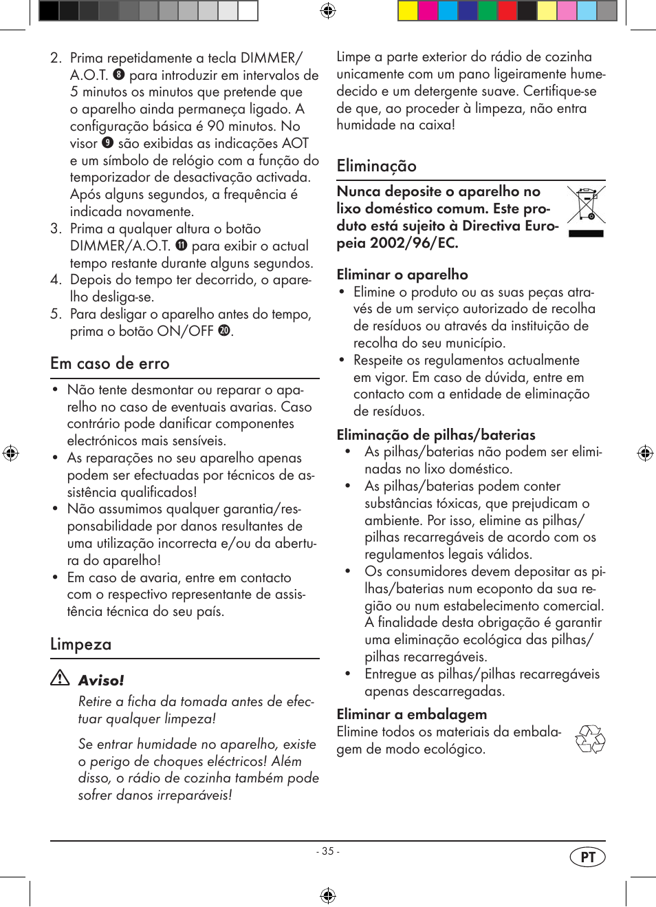 Em caso de erro, Limpeza, Eliminação | Silvercrest KH 2398 User Manual | Page 37 / 62