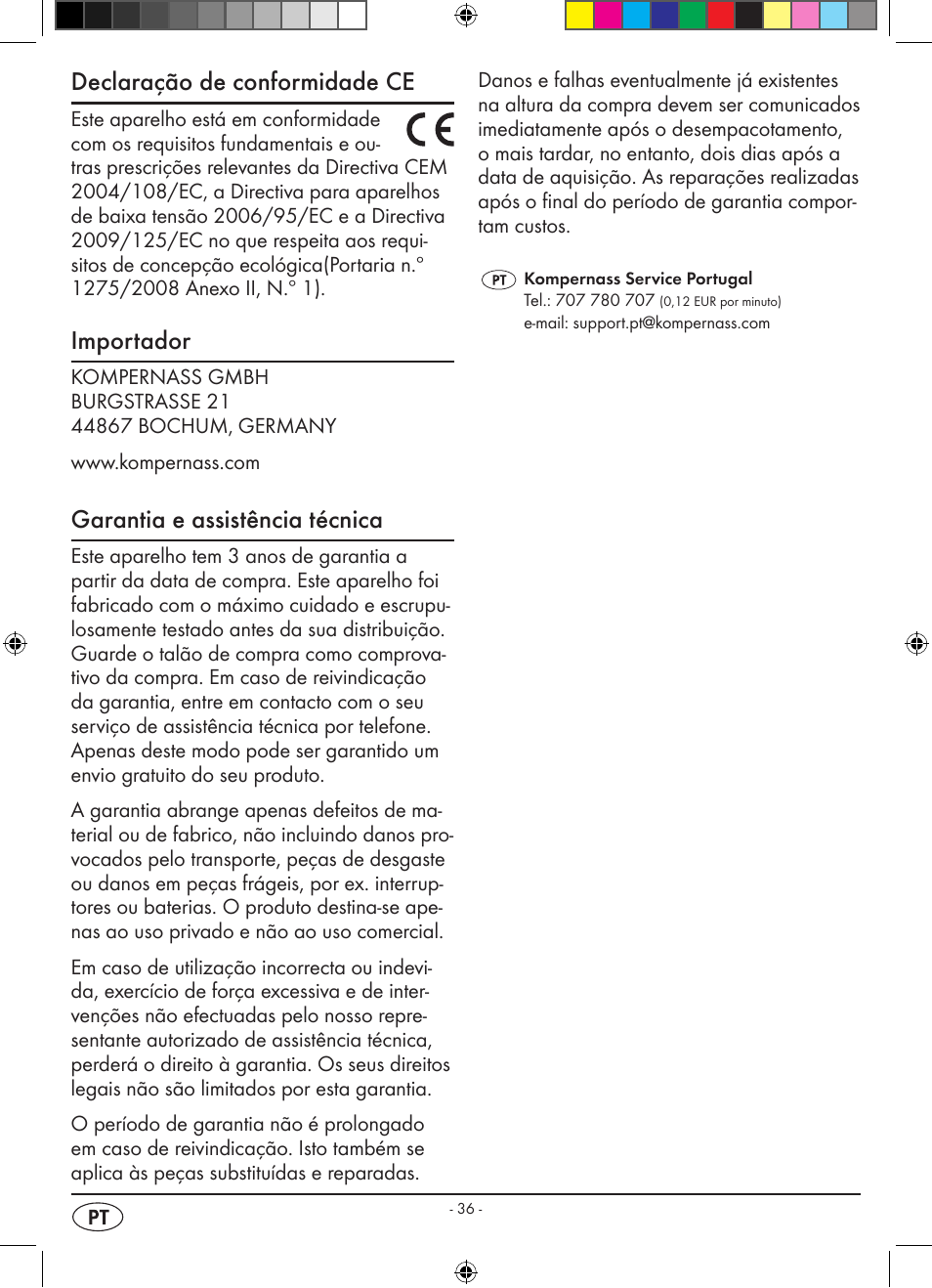 Declaração de conformidade ce, Importador, Garantia e assistência técnica | Silvercrest KH 2398 User Manual | Page 38 / 62